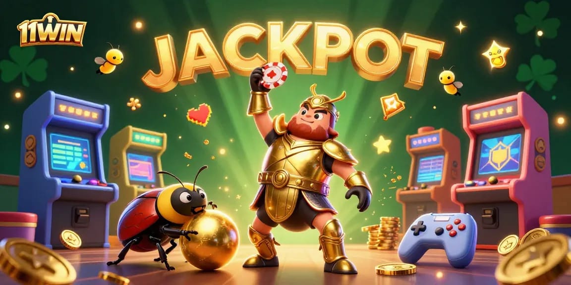 Engage with 11WIN like never before, witnessing a victorious beetle lifting a poker chip amidst a vibrant casino scene.