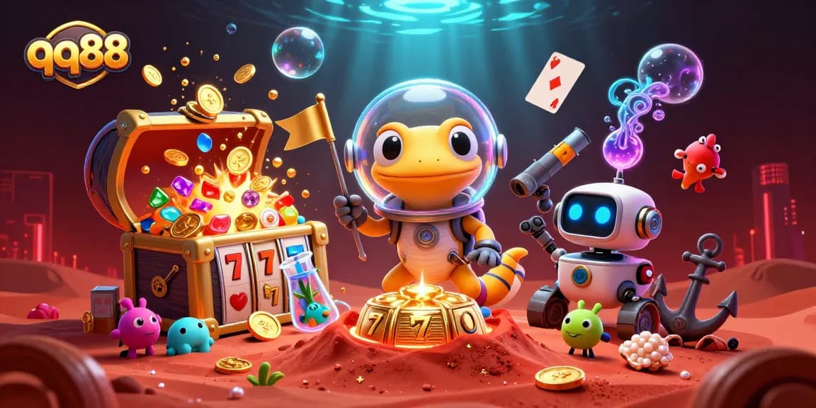 qq88 slot game adventure with a Martian gecko and treasure-filled casino on Mars