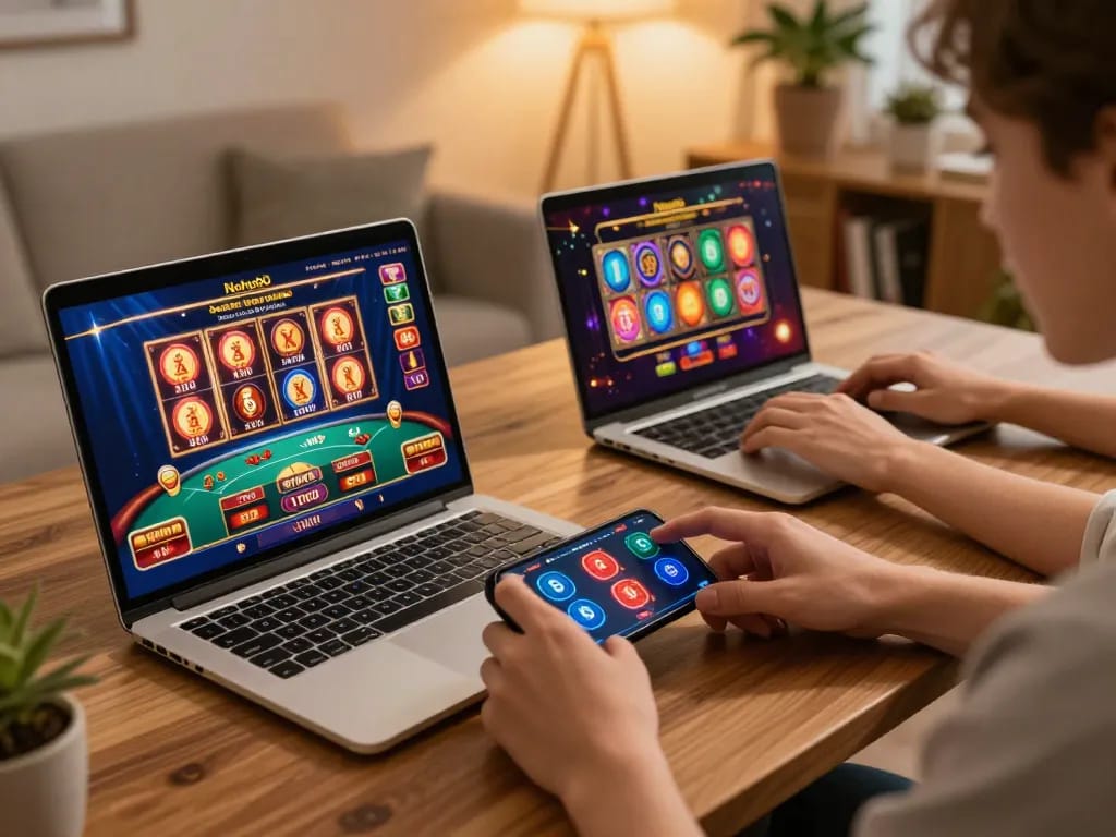 Nohu90 online gambling experience showcasing a player engaged in betting activities on multiple devices.