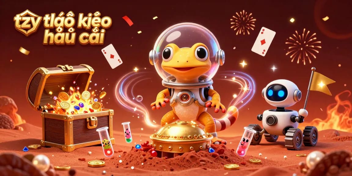 Engage with tỷ lệ kèo nhà cái as a Martian gecko discovers a golden casino while celebrating with alien friends.