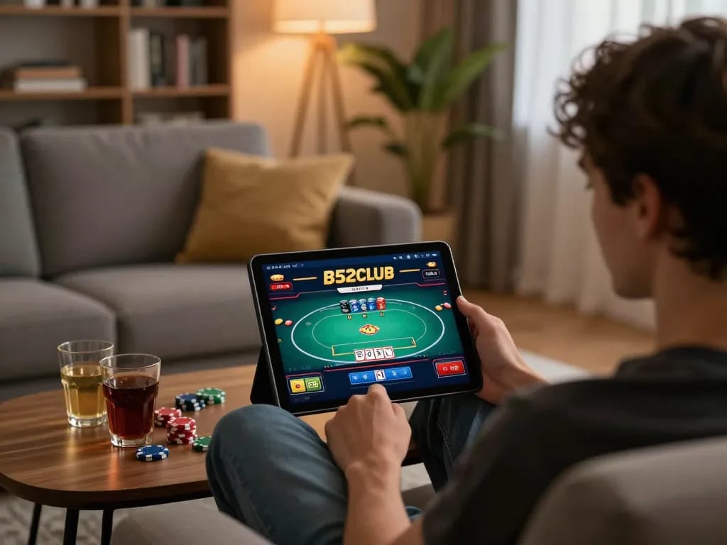 B52club user enjoying poker on tablet, showcasing strategic gameplay and cozy home atmosphere.