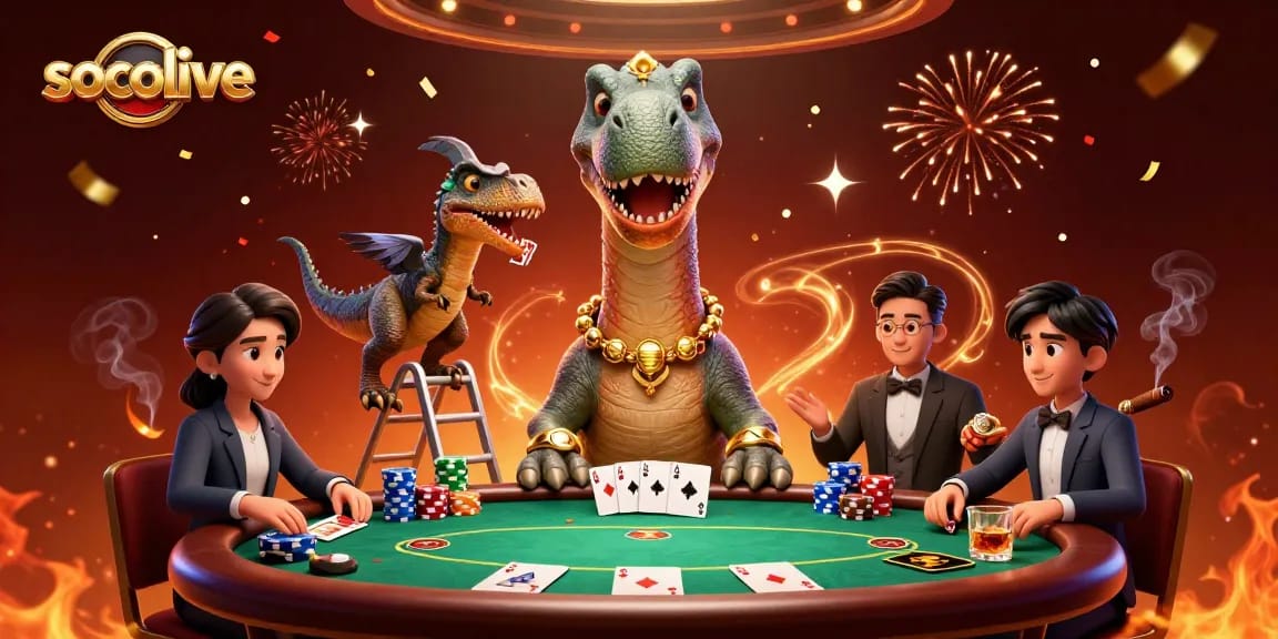 Experience vibrant socolive-themed poker action with a towering brontosaurus and clever raptor dealer.