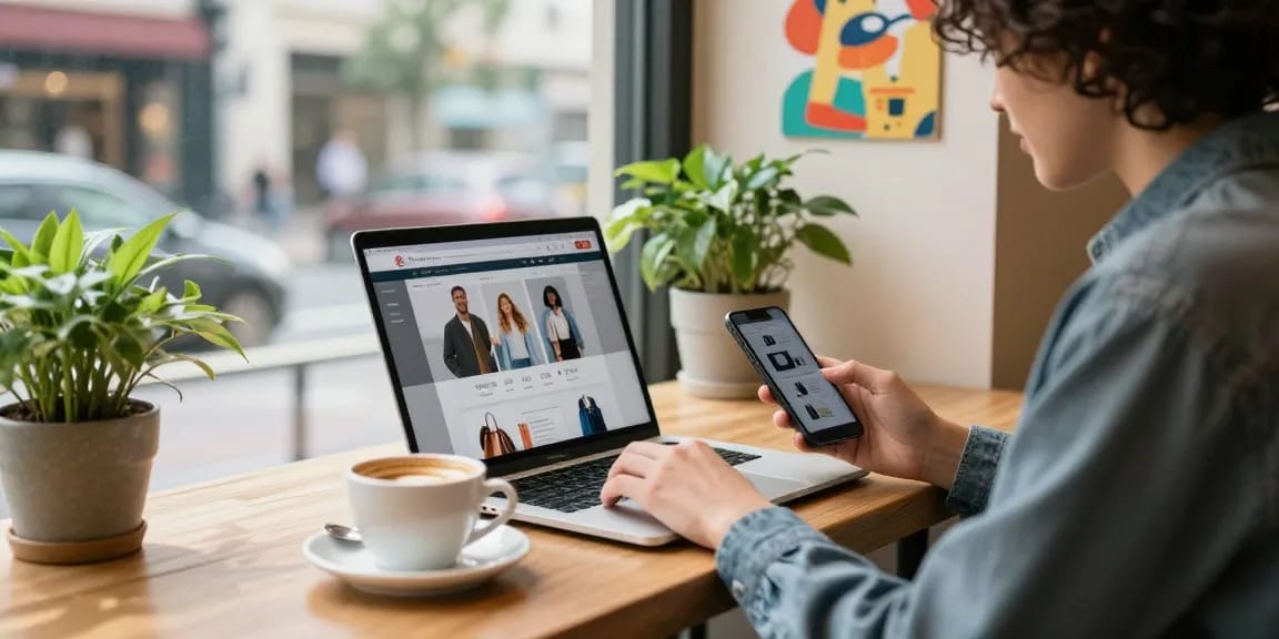 Engaging urban shopping lifestyle scene at a café displaying online shopping interface on laptop https://forumup.org/shop/search.php?ca_id=&addr1=&addr2=&addr3=&schKeyword, highlighting modern consume