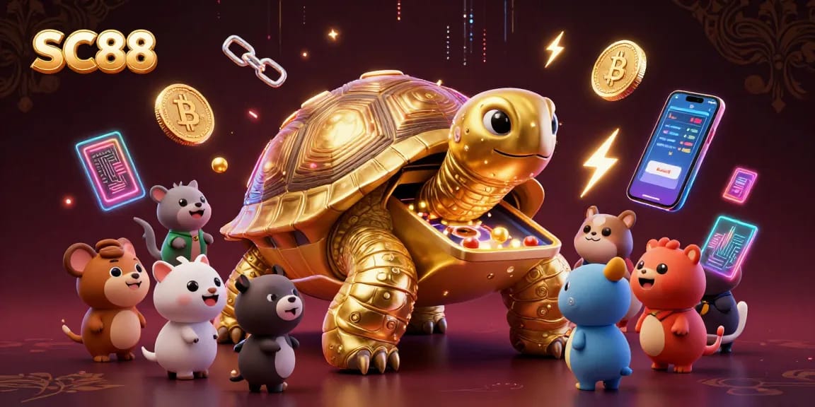Engage with SC88 in this lively crypto casino scene showcasing a golden tortoise pinball machine.