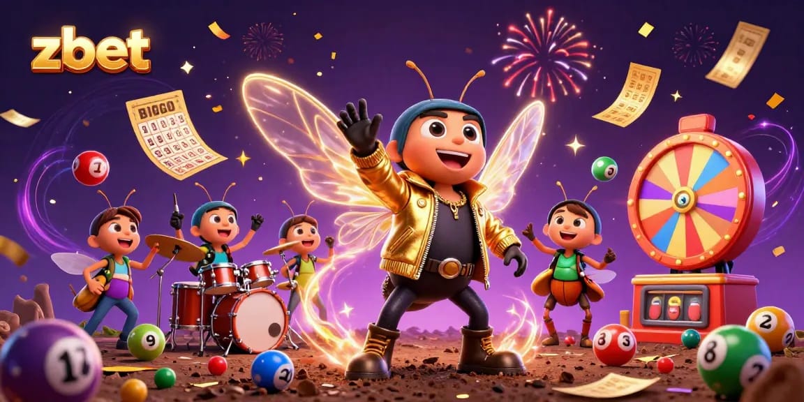 Experience thrilling games at zbet, showcasing a vibrant illustration with lottery elements and festive characters.