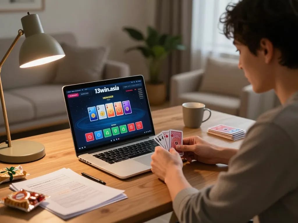 Experience engaging poker gameplay online through 13win-asia with a player analyzing their bets.