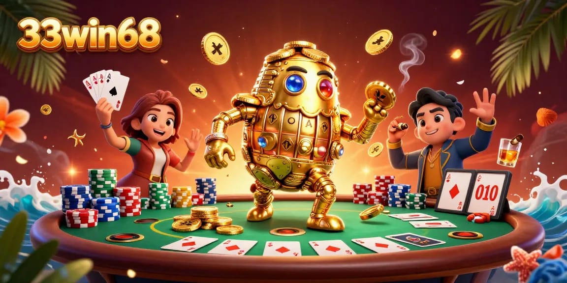 Engage with exciting gaming at 33win68, featuring a golden golem immersed in poker action.