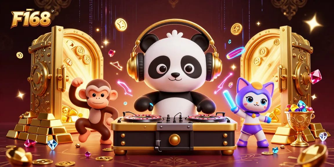 Join the fun at F168 with a vibrant casino scene featuring a DJ panda and treasures!