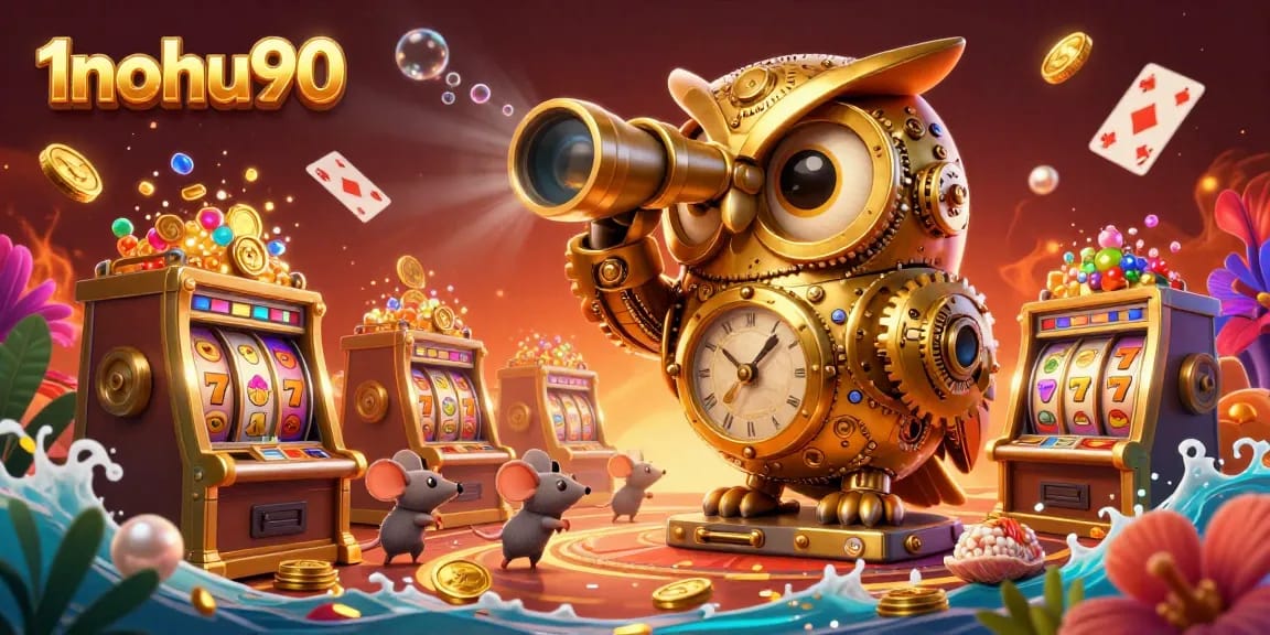 Experience the thrill of 1nohu90 with a captivating illustration of gold-filled slots and a golden owl surveying the casino.