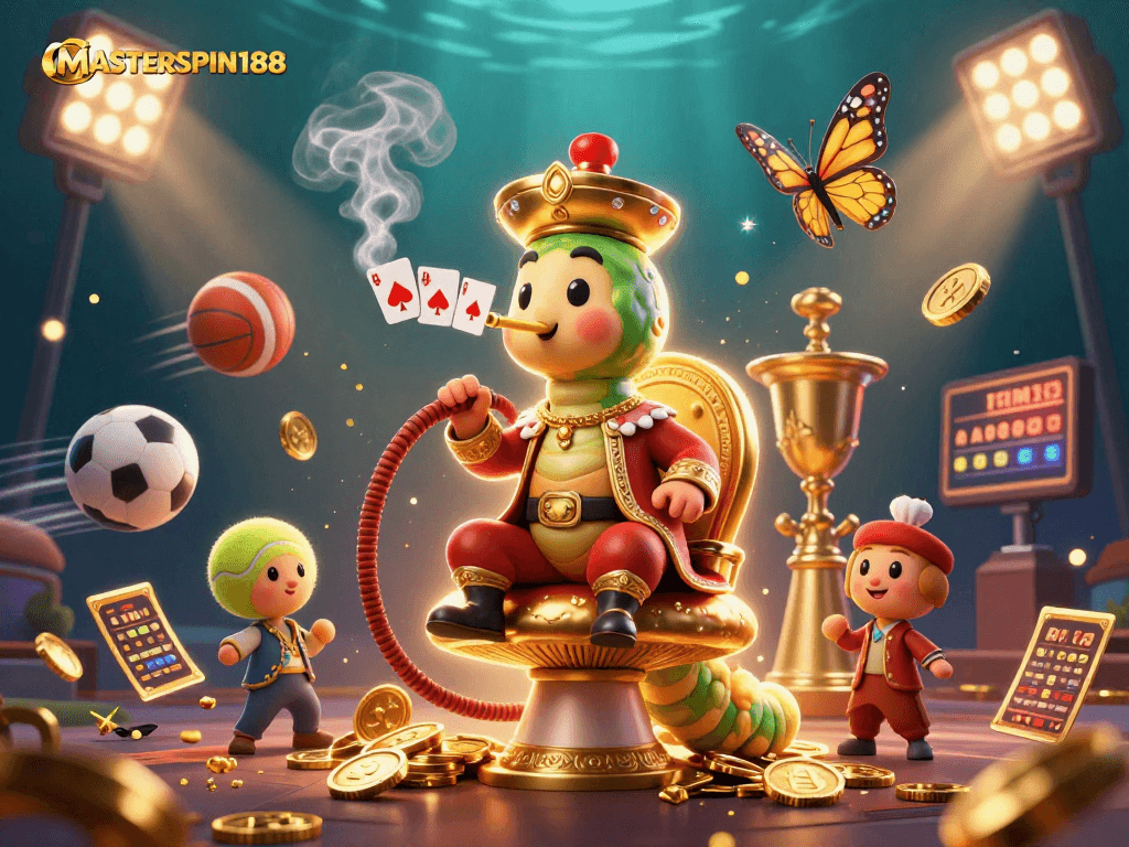 Engage with MASTERSPIN188 through vibrant casino-themed 3D illustration featuring sports and gambling elements.