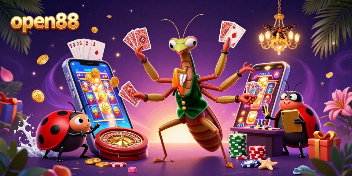 Experience the excitement of open88 with a dynamic scene of gaming action, featuring lively characters and casino elements.