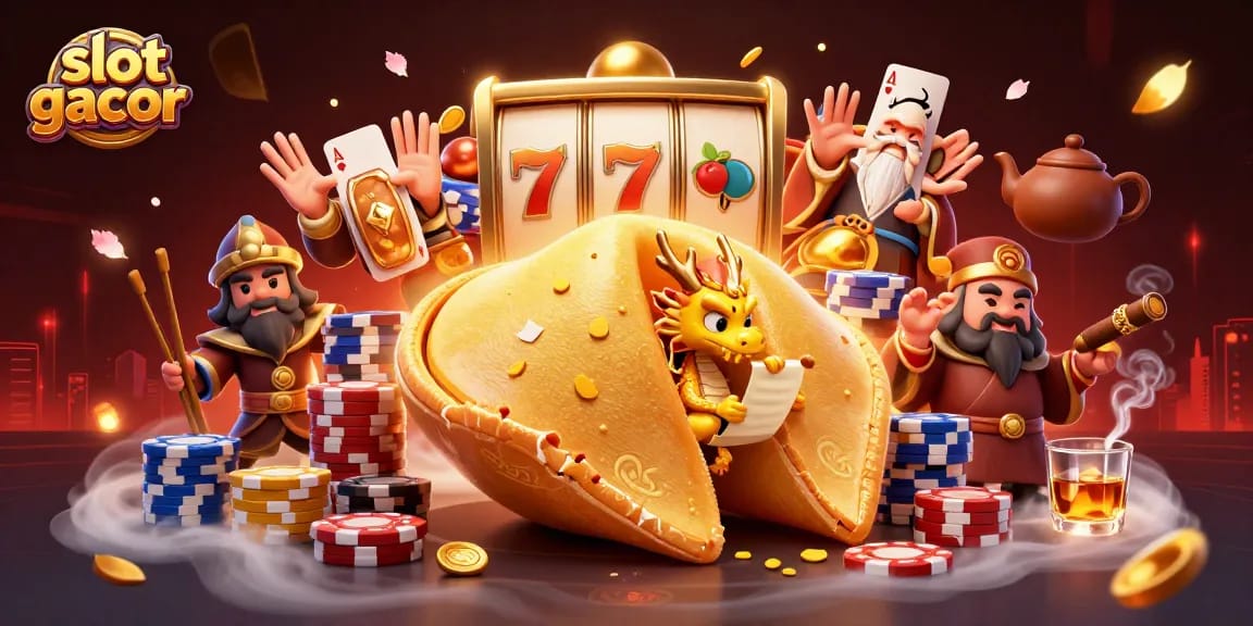 Slot gacor menampilkan kue keberuntungan emas dengan naga bijak dan elemen permainan yang seru.