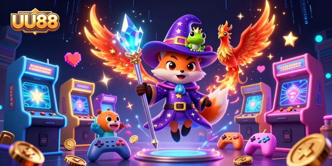 Experience thrilling UU88 gameplay with a wizard fox and phoenix in a colorful casino adventure.