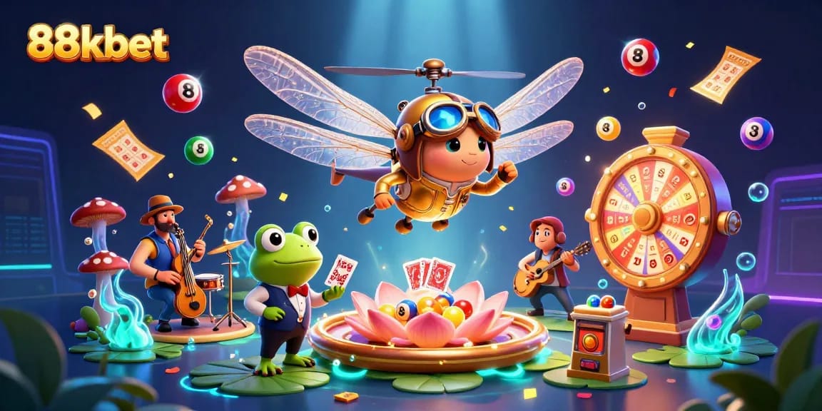 Immerse in thrilling gameplay at 88kbet with a vibrant casino scene featuring a dragonfly pilot and frog croupier.