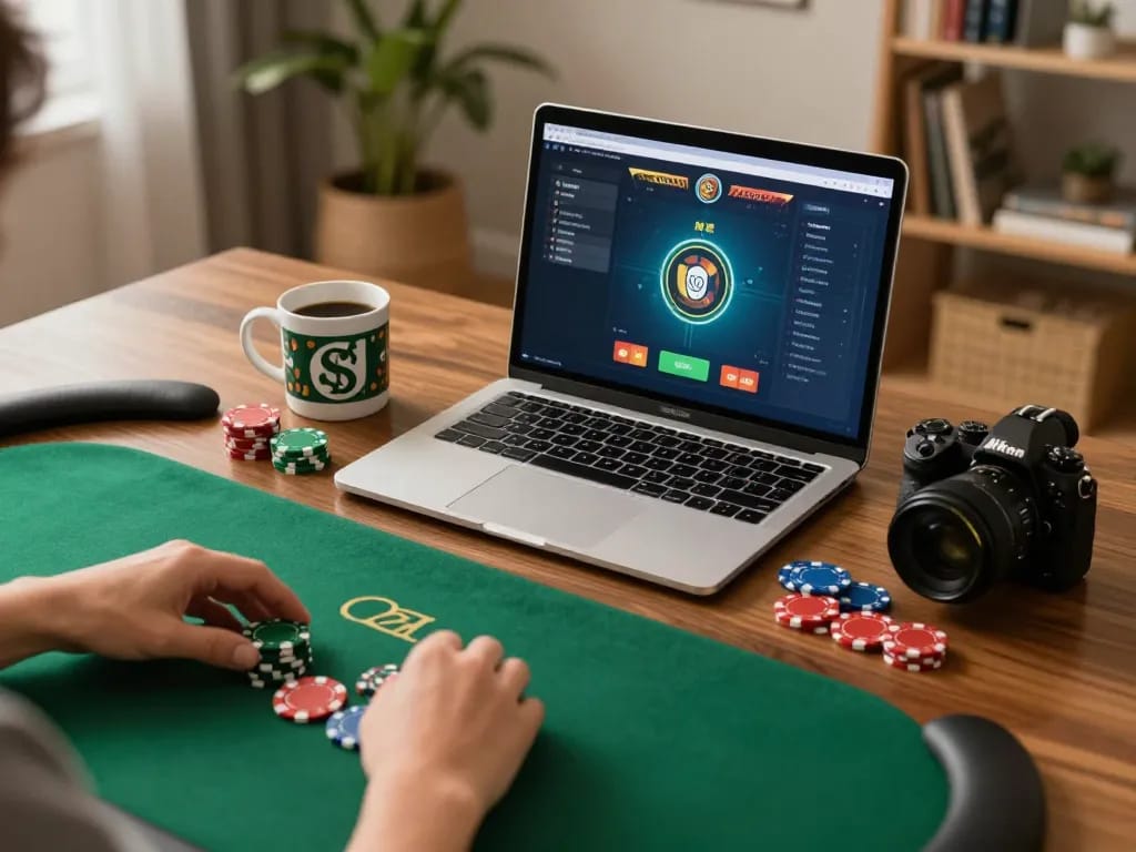 Go8 players strategizing their next move at an online poker game in a comfortable home setting.