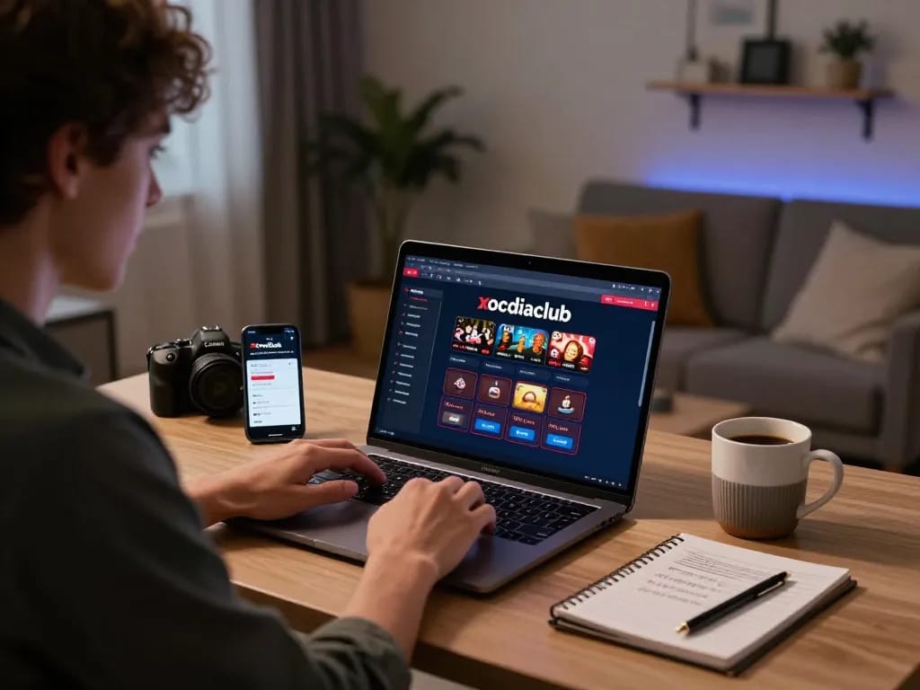Player engaged in online gaming at xocdiaclub, focusing on strategy with laptop and smartphone.