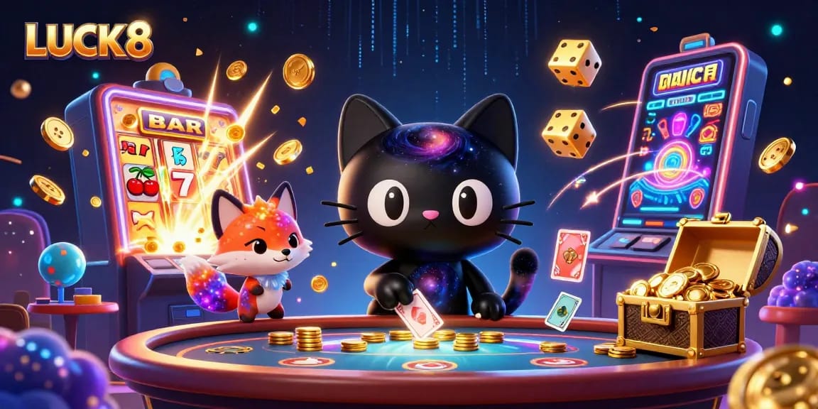 LUCK8 invites players to a thrilling cosmic casino experience with vibrant characters and dynamic game elements.