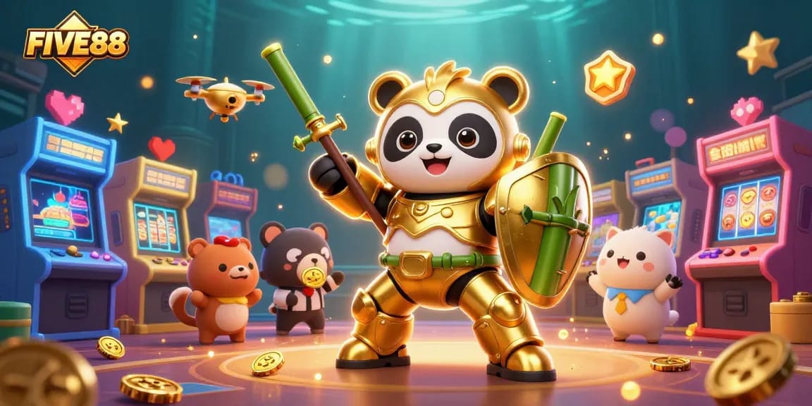 Engage with FIVE88’s vibrant gaming scene featuring a mech-suit panda amidst arcade excitement.