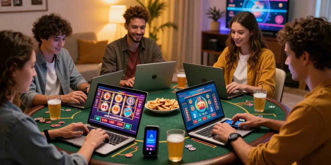 Engaging scene of friends playing at credit card casinos UK, surrounded by popular games and modern technology.