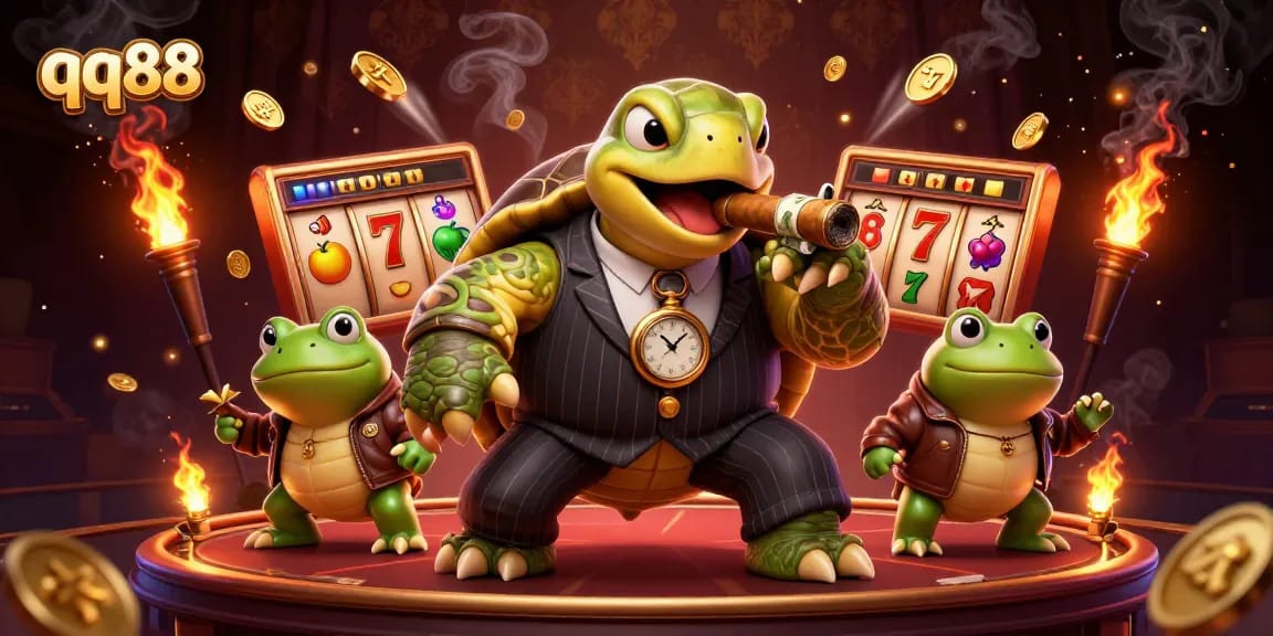 Experience the thrill of qq88 with a dynamic casino scene featuring iconic characters and game elements.