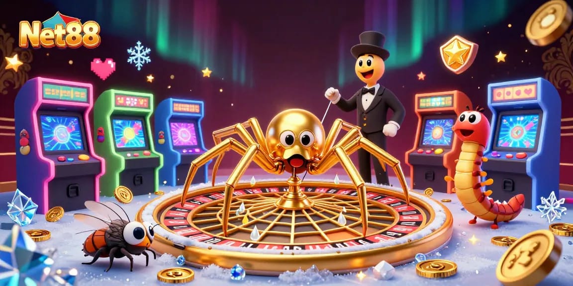 Watch Net88's thrilling bets unfold in a golden web-themed 3D casino illustration