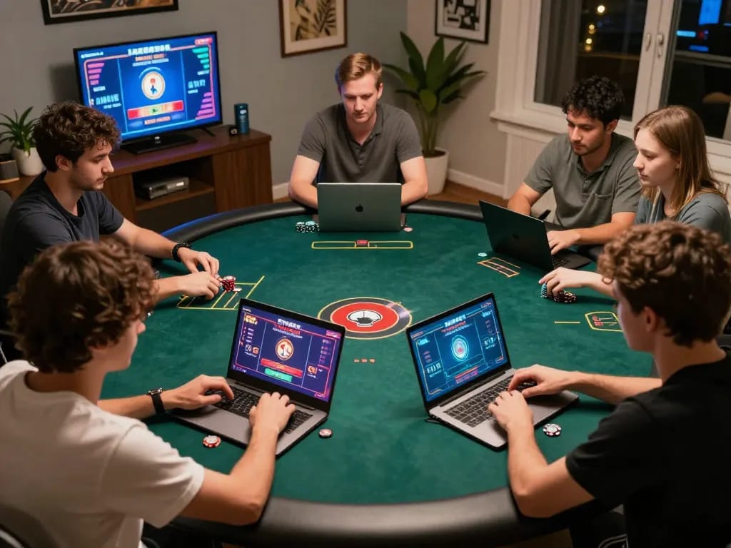 IWINCLUB poker players strategizing in an online gaming environment, highlighting competitive gameplay.