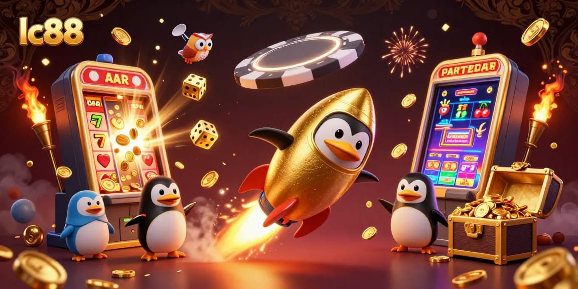 Spin the reels at lc88 with golden penguin and jackpot excitement in a vibrant casino scene.