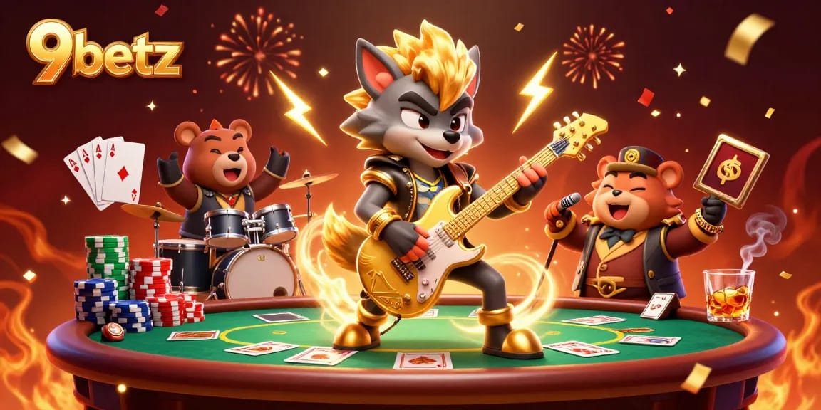 Experience the thrill of 9betz with a rock star wolf and poker action in a lively casino scene.
