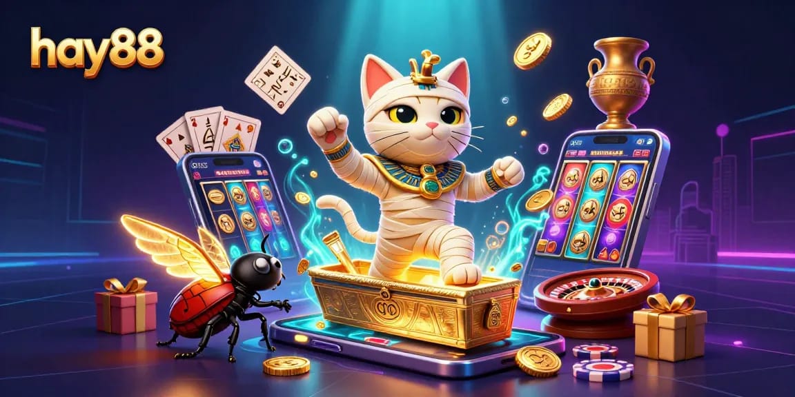Experience the thrill of hay88 with vibrant visuals of a lively casino scene featuring a mummy cat and gaming elements.