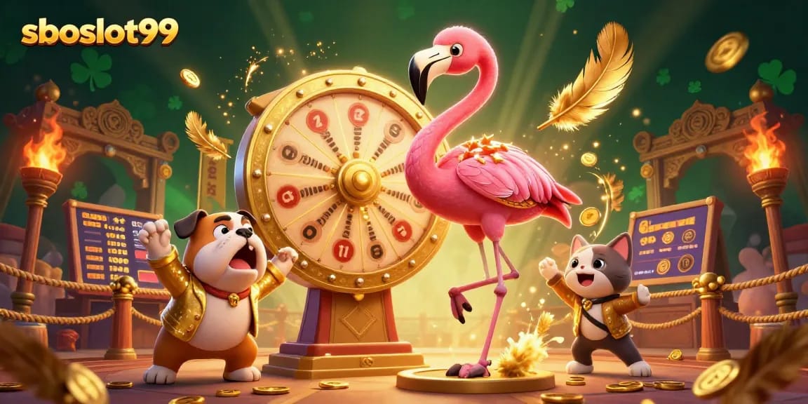 Experience the excitement of sboslot99 with a vibrant scene featuring animated characters and dynamic gambling elements.
