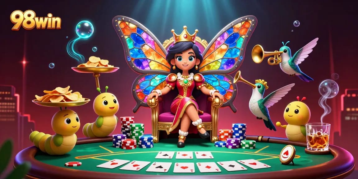Experience 98win's exciting betting world with vibrant poker elements and royal characters.