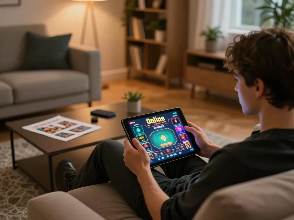 Playing casino online esteri on a tablet in a cozy living room setting with strategy notes nearby