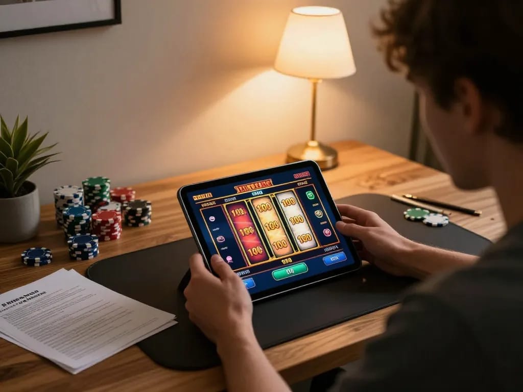 Engaging gameplay scene showcasing slot bet 100 on tablet, set in cozy home environment with warm lighting.