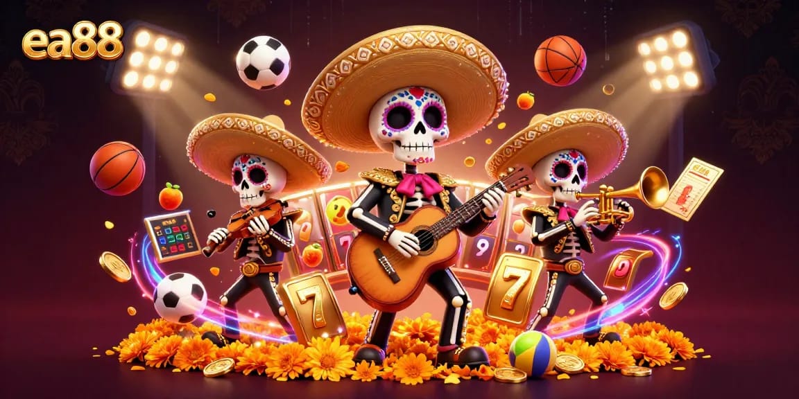 Experience thrilling gameplay at ea88 with the vibrant Dia de los Muertos mariachi band amid dynamic casino elements.
