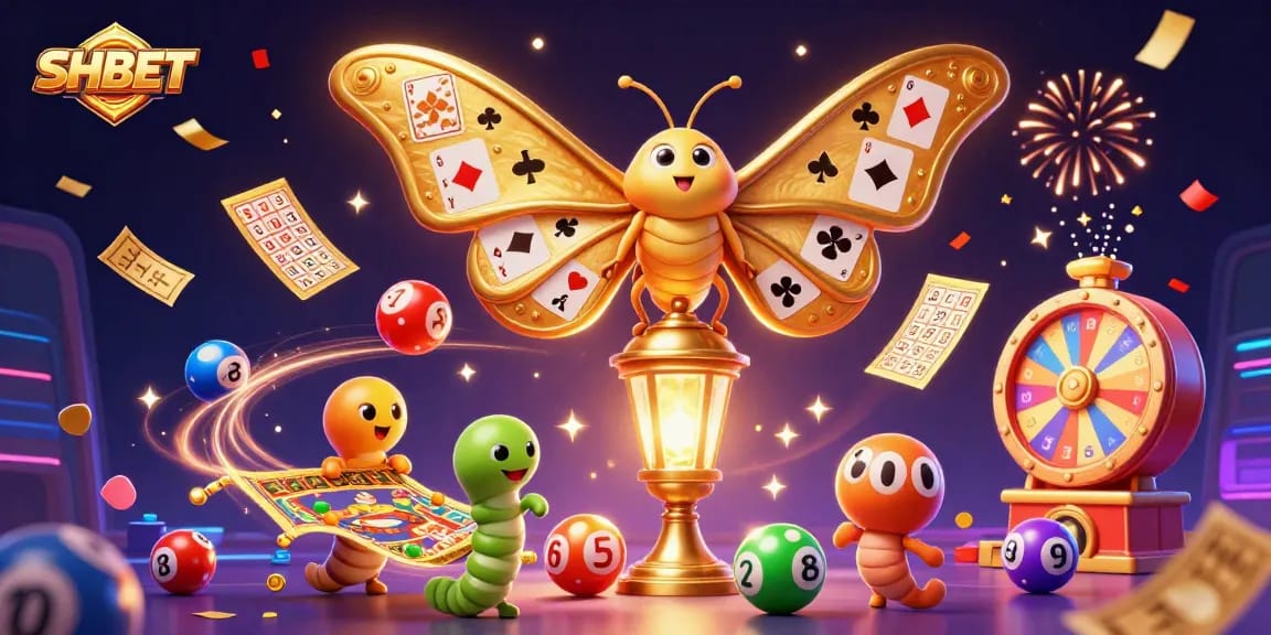 SHBET brings excitement with vibrant lottery balls and golden casino elements in a dazzling 3D scene.