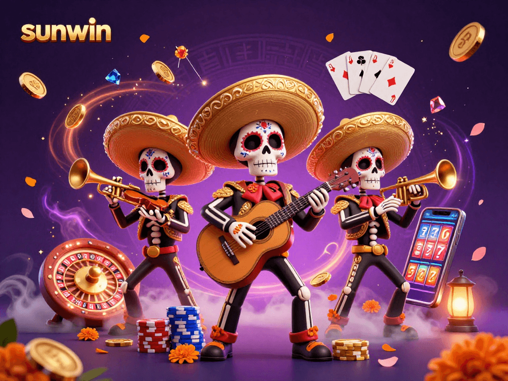 Experience the vibrant casino world with sunwin featuring a lively mariachi band and cascading coins.