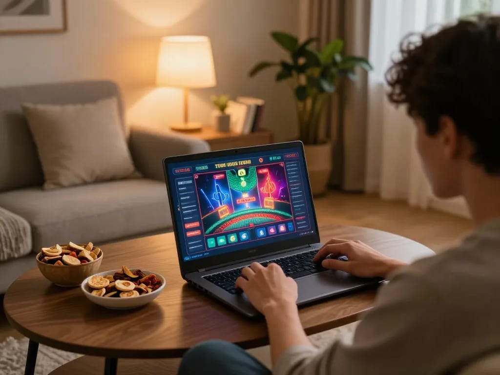 Engaged player enjoying nk88 online casino gaming at home with warm lighting and snacks