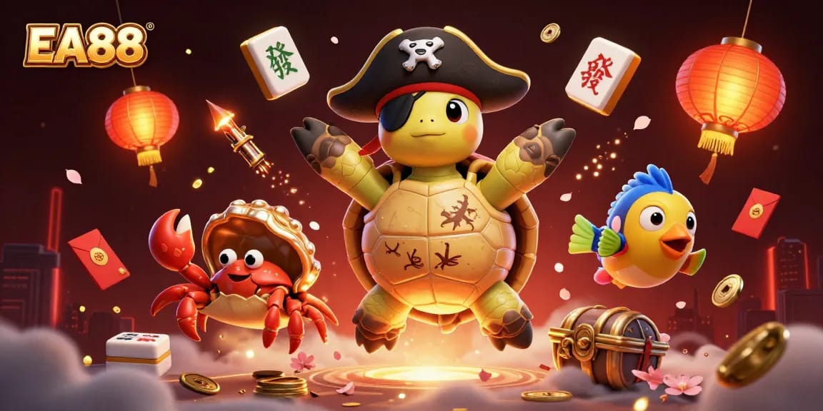Experience the excitement of EA88 as the whimsical pirate turtle and friends reveal hidden treasures amid floating mahjong tiles and lucky red envelopes.