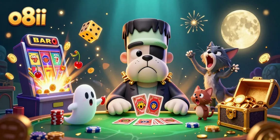 Experience thrilling gameplay at o8ii with cartoon characters, slot machines, and casino excitement!