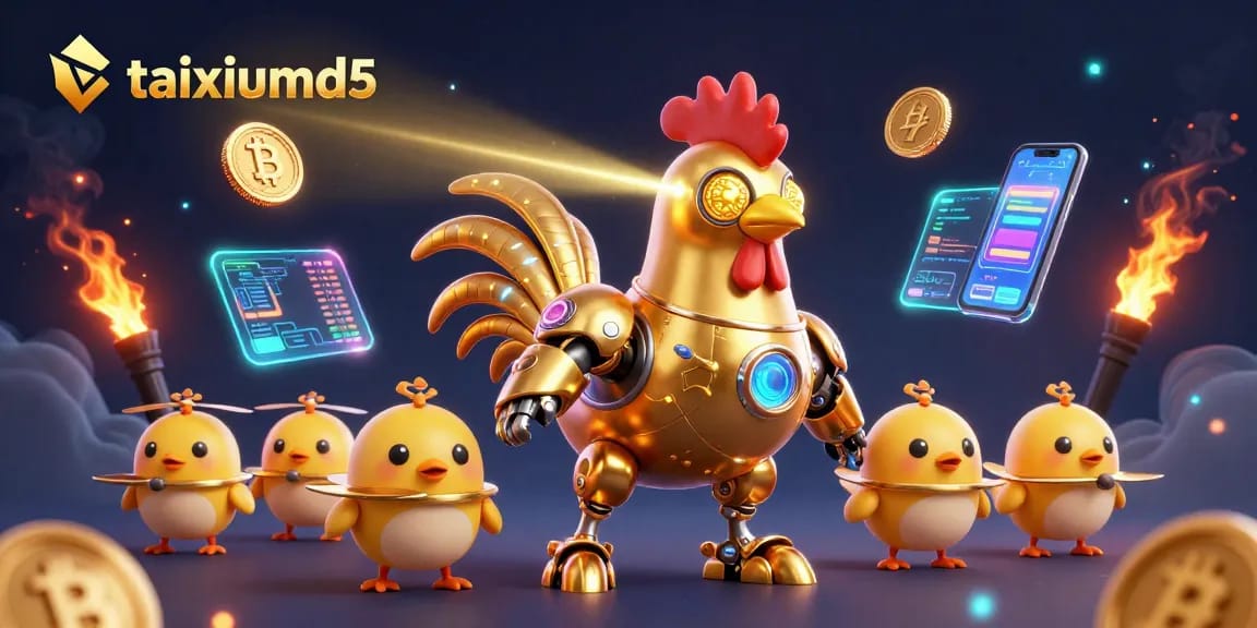 Engage with taixiumd5 as a golden rooster robot unveils exciting gaming elements and crypto coins in this vibrant scene.