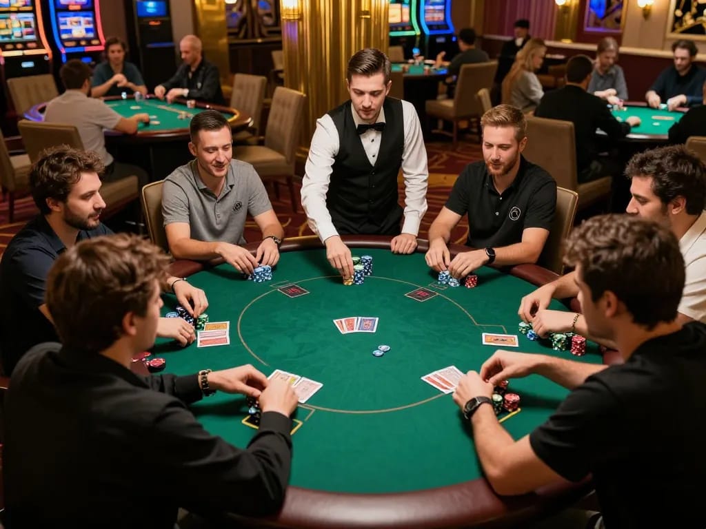 TIP88 players engaged in intense poker action at a vibrant casino table, showcasing excitement and competitive spirit.