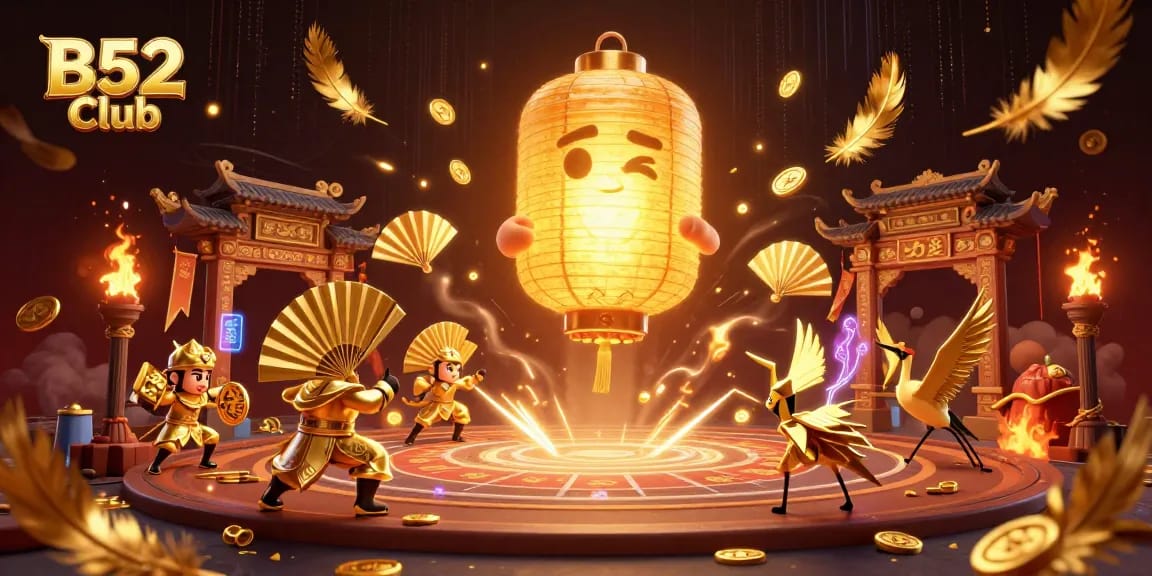 Experience the thrill of B52 Club with vibrant 3D illustration of casino spirits, warriors, and lucky tokens.