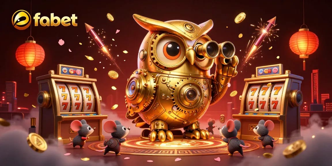 Experience fabet's captivating casino scene with a golden owl, slot machines, and vibrant game elements.