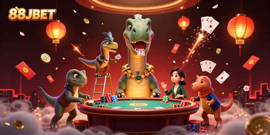 Experience the thrill of 88JBET with a vibrant casino scene featuring a cartoon brontosaurus and dynamic poker table action.