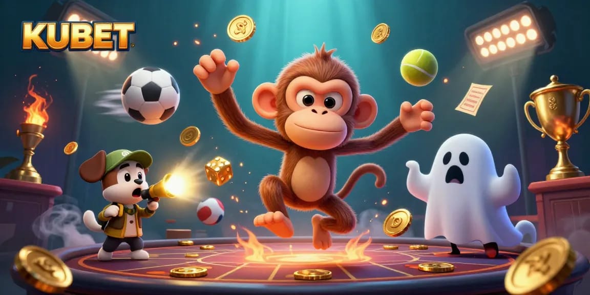 KUBET showcases a lively haunted casino scene with a playful spirit monkey and a curious puppy tracking it, surrounded by dynamic sports elements.