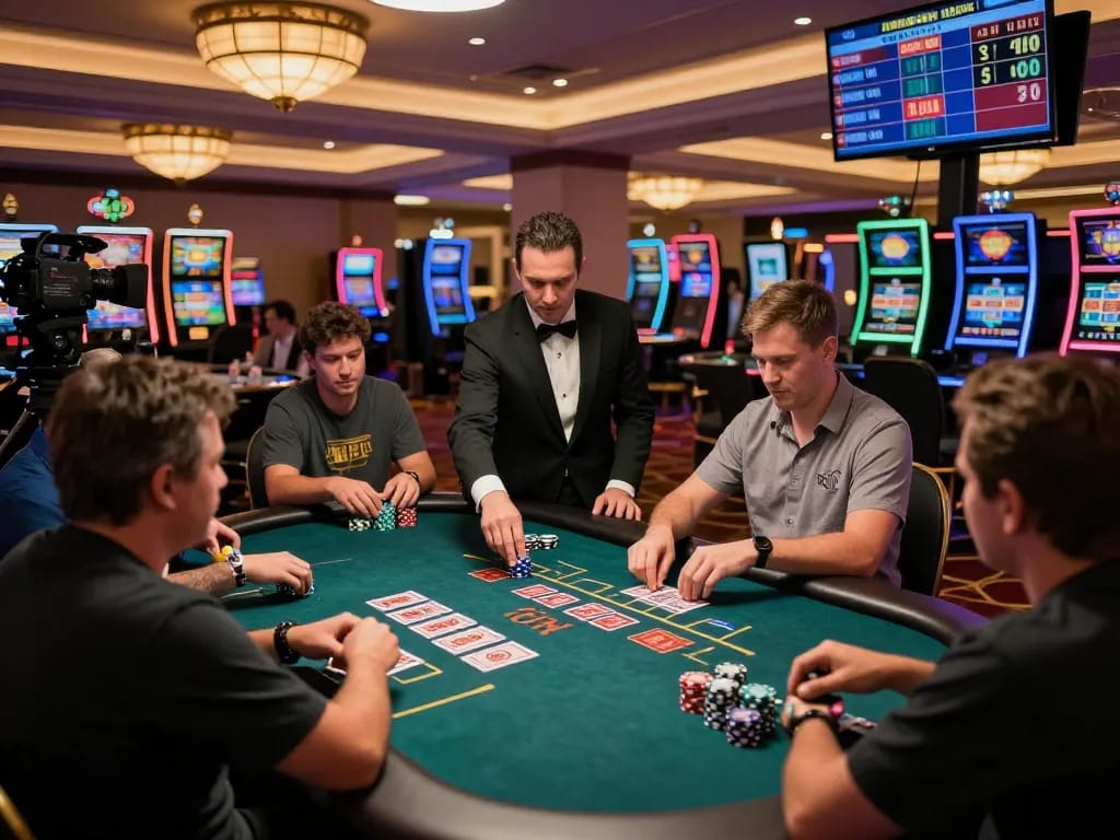 Pemain terlibat merencanakan strategi di meja blackjack, kiu77 menonjolkan aksi di kasino yang dinamis.