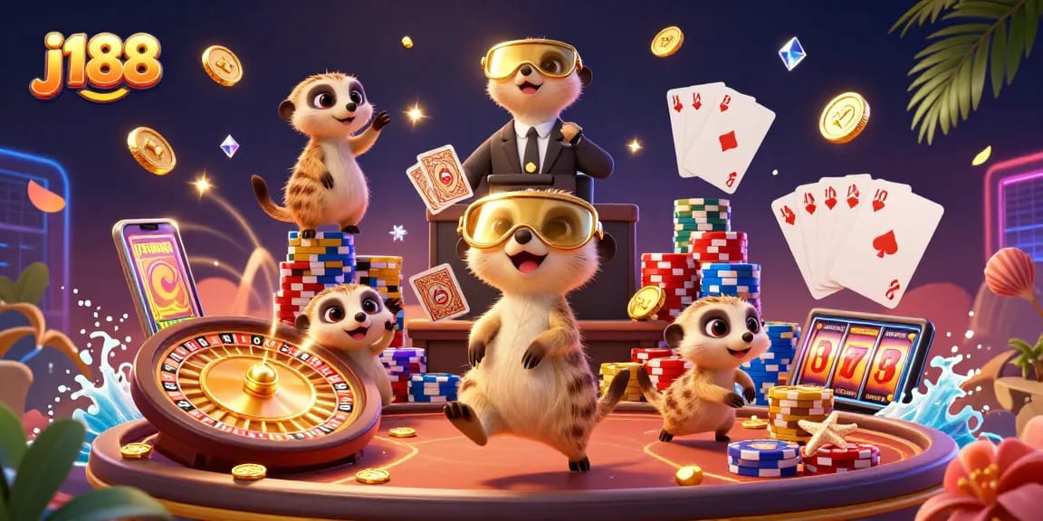 Experience the excitement of j188 as meerkats gamble energetically in a vibrant casino scene.