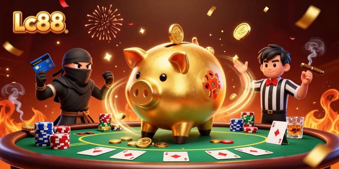 Engage with Lc88's dynamic gaming experience with a lively illustration featuring epic casino elements.