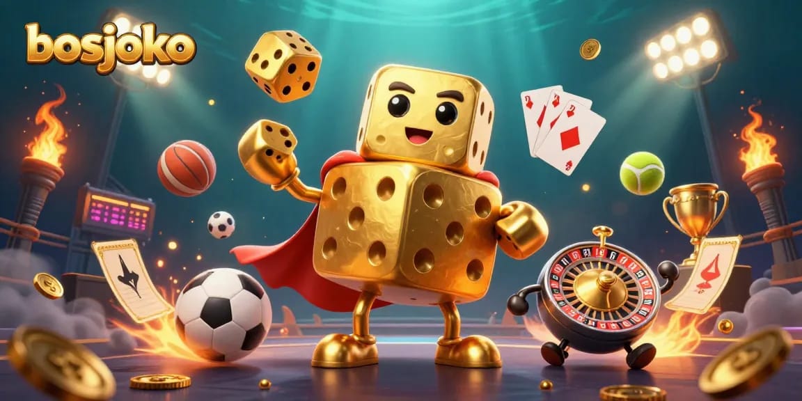 Taruhan menang di bosjoko dengan simbol slot dan bola emas berkilauan.
