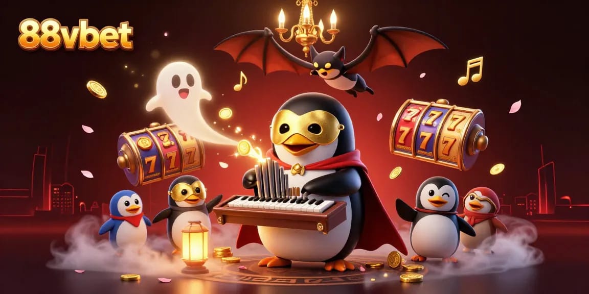 Experience thrilling wins with the 88vbet penguin playing slots, surrounded by golden elements.